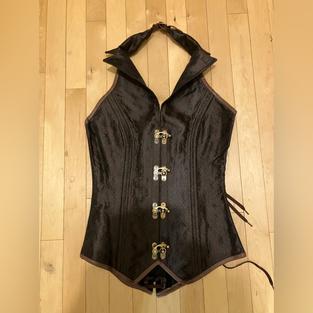Brown Halter Neck Corset Top with Decorative Clasps
